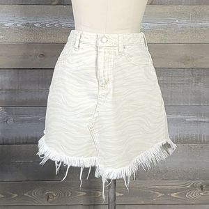 Free People Mini Denim Frayed Asymmetric Hem Zebra Print Skirt